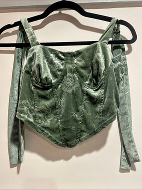 Fairycore Baddie CIDER Green Floral Embossed Sage Velvet Corset Top  M